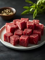 Raw beef cubes on ceramic plate with black peppercorns and fresh basil leaves in dark moody setting. Fresh meat ready for cooking stew or goulash.