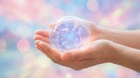Hands holding glowing crystal sphere with digital hologram effect against soft pastel bokeh background, representing technology, innovation, future vision, and digital transformation concepts.