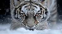 Majestic tiger face covered in snow with piercing amber eyes and distinctive black stripes during winter snowfall in natural habitat.
