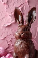 Chocolate Easter bunny with detailed fur texture against pink textured background. Close-up view captures whiskers and expressive face of candy rabbit.
