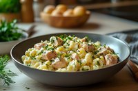 Creamy pasta with tender chicken pieces and fresh herbs in gray ceramic bowl, garnished with dill and parsley. Rustic home cooking setting with natural light.