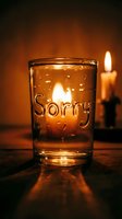 Glowing candle in a glass with the word Sorry, warm candlelight ambiance on a wooden surface, evoking apology and forgiveness.