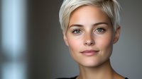 Young woman with short platinum blonde pixie haircut and natural makeup looking confidently at camera against blurred background, professional headshot portrait.