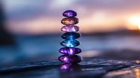 Glowing zen stones stacked in balance on water surface with purple and blue illumination against blurred sunset background for wellness and meditation concepts.