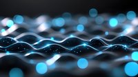 Glowing blue waves and bokeh lights on dark background create futuristic abstract pattern with dynamic motion effect, suitable for technology presentations.