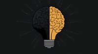 Creative brain shaped light bulb split in two contrasting colors - black and yellow, symbolizing innovation and creative thinking on dark background.