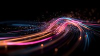 Vibrant light trails curve and flow with glowing pink, blue and orange streaks against dark background, creating dynamic motion effect with sparkles and bokeh elements.