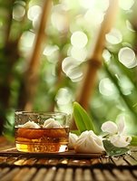 Whiskey cocktail with ice cubes and white orchid flowers on wooden surface against blurred green bokeh background in tropical setting.