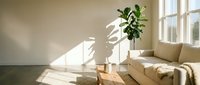 Minimalist living room with natural sunlight streaming through large windows, featuring a beige sofa, wooden floor, and potted green plant for home decor and interior design projects.