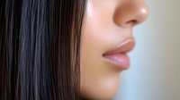 Close up profile view of young Asian woman's face showing glossy pink lips, straight dark hair and smooth skin against neutral background.