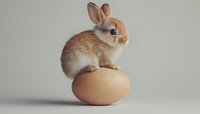 Adorable baby bunny rabbit sitting on large brown egg against neutral background, showcasing Easter holiday concept and natural composition for seasonal designs.