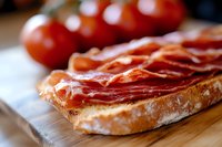 Artisanal Spanish cured ham slices arranged on crusty bread with fresh cherry tomatoes in background, macro shot showing texture and marbling on wooden board.