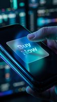 Finger pressing a glowing Buy Now button on a smartphone screen, futuristic neon light effect, digital commerce and online shopping concept.