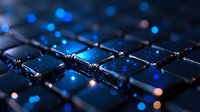 Computer keyboard with glowing blue light effects and bokeh, close up macro shot showing technology details in dark environment with selective focus.