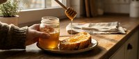Honey dripping from wooden dipper onto toast on plate, warm cozy kitchen setting with natural light, breakfast or snack preparation.