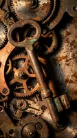Vintage rusted mechanical gears and clockwork parts with antique key creating steampunk industrial machinery background for retro design projects.