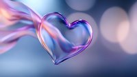 Ethereal glass heart shape with flowing pink and purple gradient effects against soft bokeh background creates romantic and dreamy atmosphere.