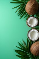 Fresh coconuts and palm leaves arranged on mint green background creating tropical summer border with copy space for wellness and food designs.