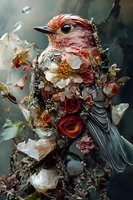 Magical bird figure composed of delicate flowers, roses and crystals against dark background, combining nature elements in surreal artistic composition.