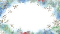 Watercolor Christmas frame with golden stars, snowflakes and pine branches on white background. Holiday border for greeting cards and festive designs.
