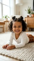 Happy mixed race toddler girl with curly hair in space buns smiling while lying on living room rug in cozy modern home interior.