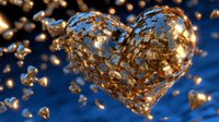 Golden heart shape formed by floating glitter particles against deep blue background, creating romantic and festive atmosphere for Valentine's Day designs.