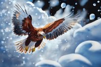 Majestic eagle with spread wings soaring through snowy winter sky with falling snowflakes and dramatic cloudy background, capturing power and freedom in nature.