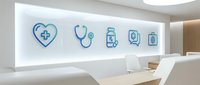 Neon blue medical icons including heart with cross, stethoscope, medication bottle, and health documents displayed on illuminated wall in modern clinic reception area for healthcare branding.