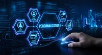 Business professional touching digital personalization interface with glowing hexagonal icons on futuristic blue technology background for marketing.