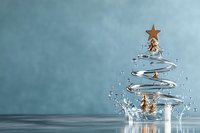 Modern abstract Christmas tree made of spiral metal wire with gold star and ornaments against teal blue background for holiday greeting cards.