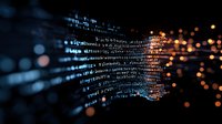 Digital code stream with glowing blue text and orange bokeh lights creating dynamic visual effect against dark background, representing data flow and technology.