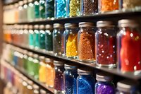 Glass jars filled with vibrant colorful beads and craft supplies arranged on wooden shelves, creating rainbow pattern display in craft store or workshop.