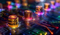 Glowing electronic circuit board with colorful LED components and copper coils, macro photography showing intricate technology patterns in dark background.