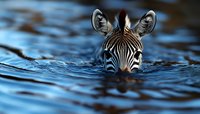 Zebra swimming in blue water with only head visible above surface, creating dramatic wildlife scene with rippling reflections in natural habitat.