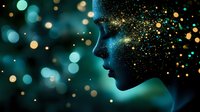 Mystical female silhouette profile with glowing particles and bokeh lights in turquoise and gold colors creating dreamy cosmic atmosphere for fantasy designs.