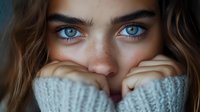 Close up portrait of young woman with bright blue eyes and dark eyebrows wearing cozy knitted sweater, hiding half face in turtleneck collar.