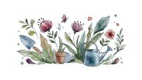 Watercolor gardening tools and flowers composition with watering can, pot, trowel and botanical elements isolated on white background for spring designs.
