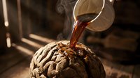 Liquid pouring onto human brain model in laboratory setting, representing knowledge transfer, learning, intelligence enhancement, medical research, and cognitive development concepts.