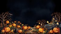 Spooky haunted house with glowing jack-o-lantern pumpkins, bare twisted trees, and autumn leaves on dark night sky background for seasonal Halloween decorations and fall designs.