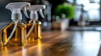 Eco-friendly cleaning spray bottles with natural orange solution on wooden surface, blurred kitchen background with soft bokeh lighting effect and copy space.