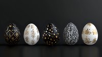 Elegant Easter eggs decorated in black, white and gold patterns arranged in row on dark background. Luxury holiday design concept.