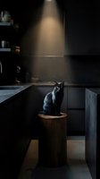 Black cat sitting on wooden pedestal in modern dark kitchen with dramatic spotlight lighting and minimalist design.