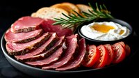 Sliced medium rare roast beef served on dark plate with fresh rosemary, tomatoes and creamy sauce, close up view on black background, restaurant appetizer.