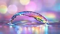 Magical water drop arch with rainbow reflections and colorful bokeh lights creating dreamy atmosphere on blurred background. Macro photography of liquid dynamics.