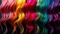 Vibrant wavy rainbow hair strands flowing in multicolor pattern against black background, featuring pink, orange, yellow, red, green and purple hues for hair salon designs.