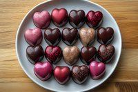 Heart shaped chocolate candies in pink, dark brown and metallic colors arranged on gray ceramic plate. Sweet romantic dessert on wooden background.