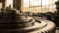 Industrial metal gears and machinery components in manufacturing workshop with warm sunlight streaming through windows creating atmospheric lighting.