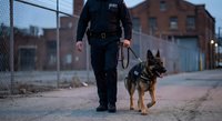 Police officer with German Shepherd K9 unit dog patrolling urban street during evening hours for law enforcement security and public safety operations.