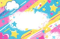 Playful frame with stars, hearts and clouds on colorful diagonal stripes background in pink, yellow and blue tones, white copy space in center for text.