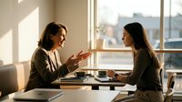 Two professional women having a business meeting in a sunlit cafe, engaged in conversation over coffee, mentor and mentee discussion.